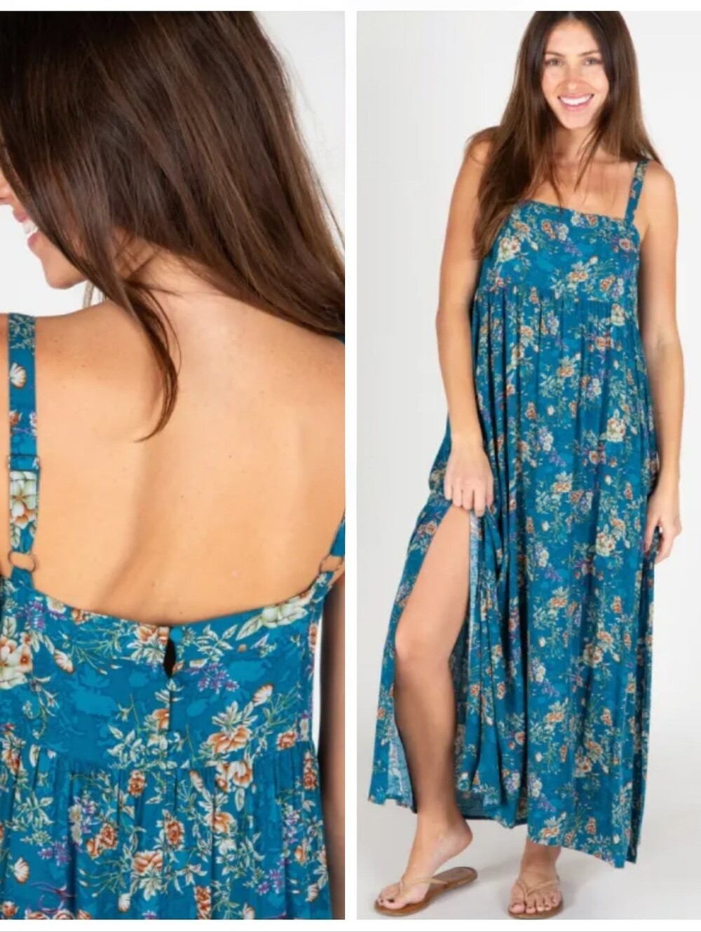Natural Life Patti Side Slit Maxi Dress Turquoise Cream Women's XS Bohemian Boho